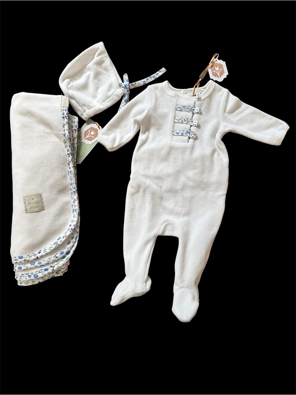 Mon Tresor White Velvet Footed Baby One-Piece with Blue Floral Trim Bonnet